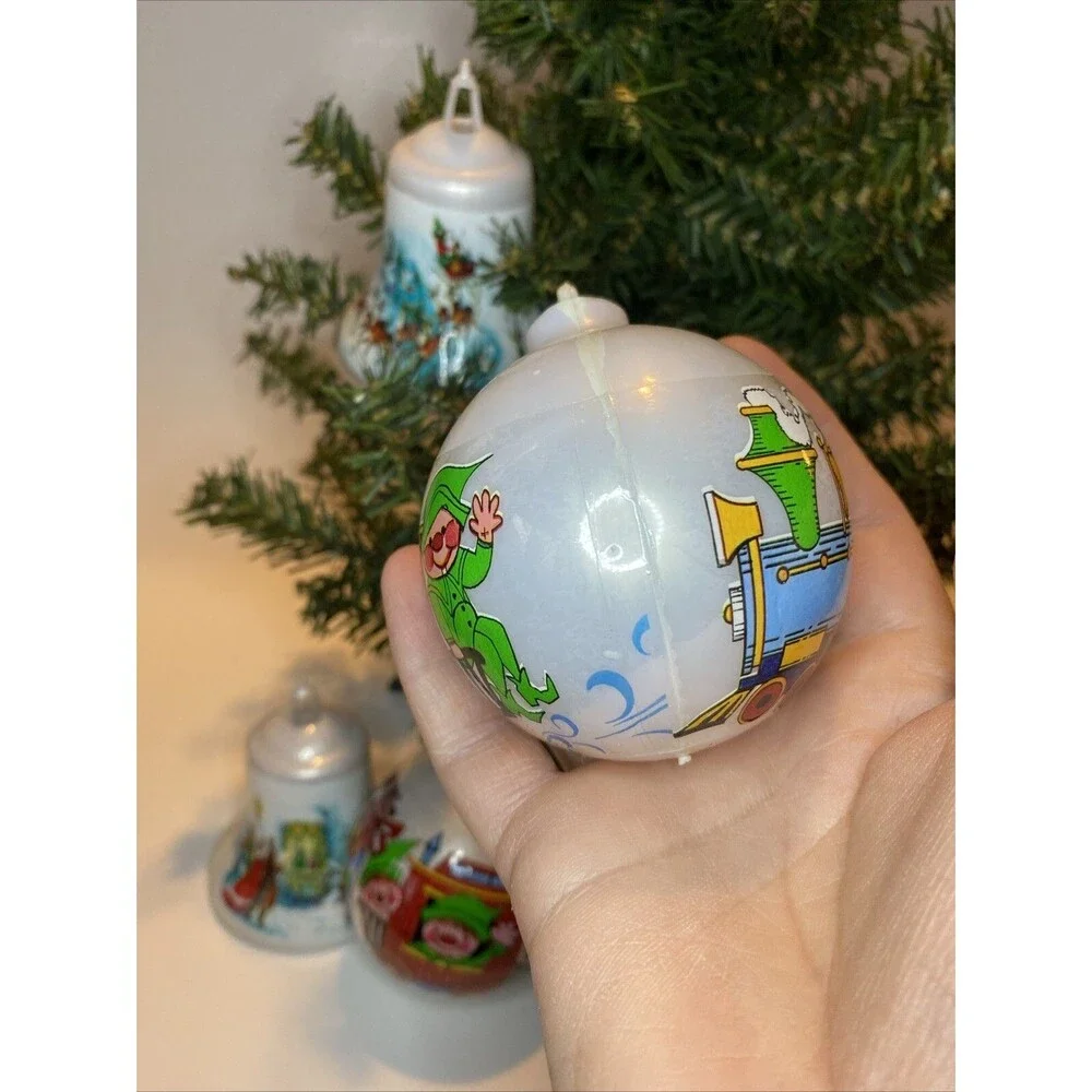 Vintage Christmas Tree Ornament Santa Express Train Elves Sleigh Deer Ball Bell